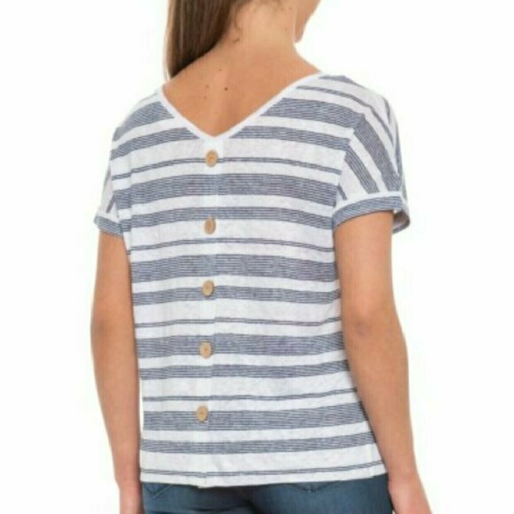 Christian Siriano Linen Back-Button Top Womens XS Striped Short Sleeve
